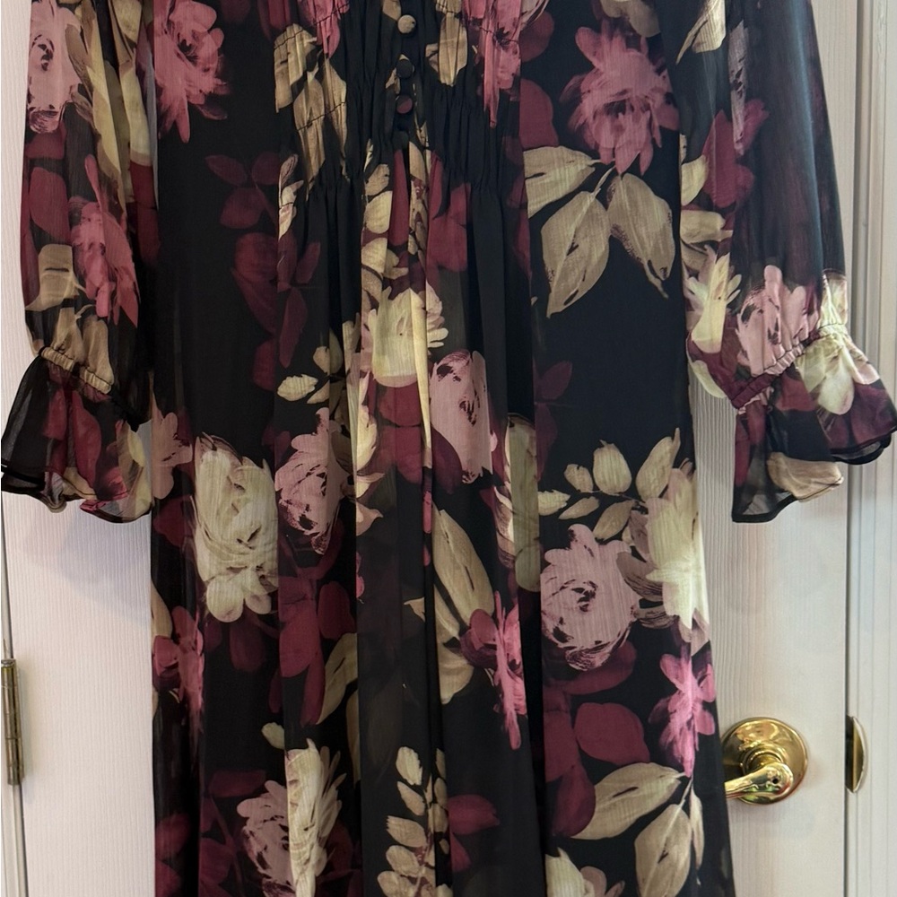 Floral Sheer Black Midi Dress with Pink & Cream Blooms